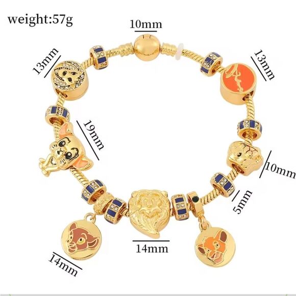 Gold Plated Disney Lion King Themed Enameled Loaded Charm Bracelet - Picture 3 of 5